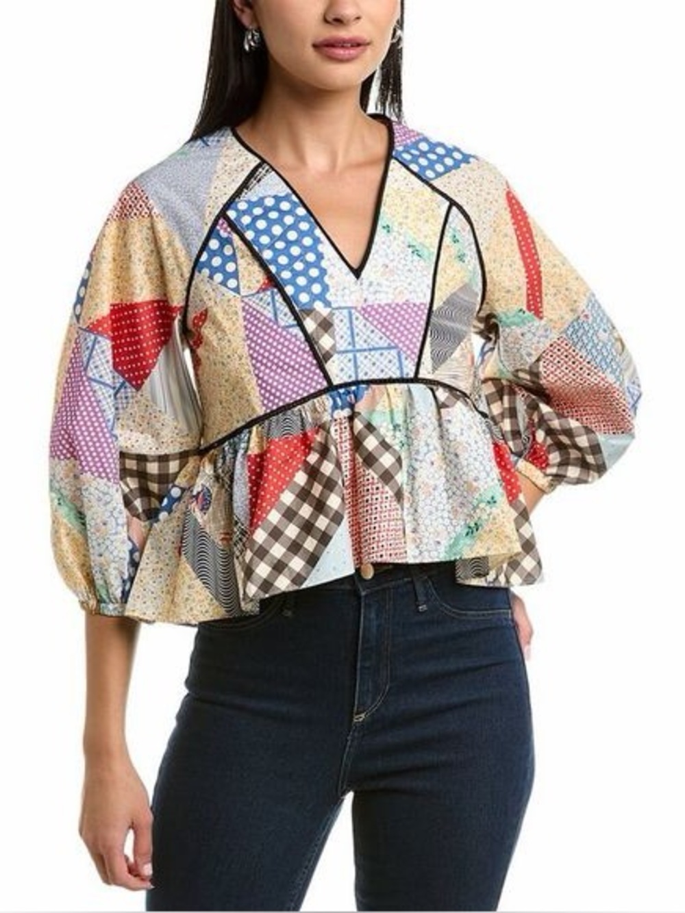 Hunter Bell Grayson Patchwork Peplum Blouse Vneck Cotton Top L